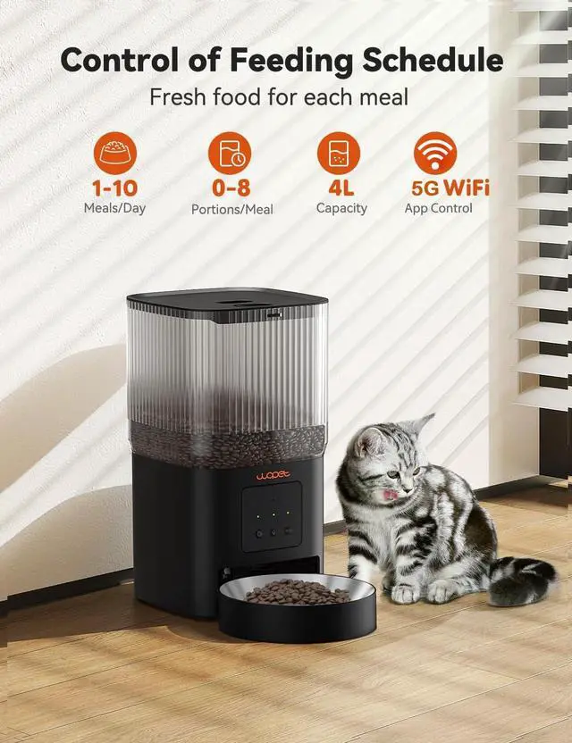Alt view image 2 of 7 - Automatic Cat Feeder, 5G&2.4G Smart WiFi Pet Feeder with App Control, 4L Capacity, 110 Meals per Day, Slow Feeding Mode, 10s Voice Recorder, Timed Cat Food Dispenser for Cats & Small Dogs