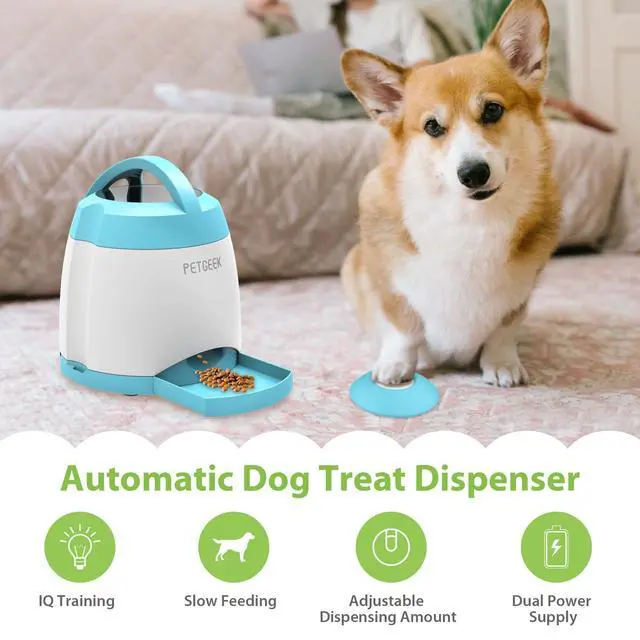 Alt view image 2 of 7 - Automatic Dog Treat Dispenser, Interactive Pet Toy Food Dispensing for IQ Training, Dog Food Dispenser with Button Remote Push, Dual Power Supply for Indoor Outdoor Use, Blue