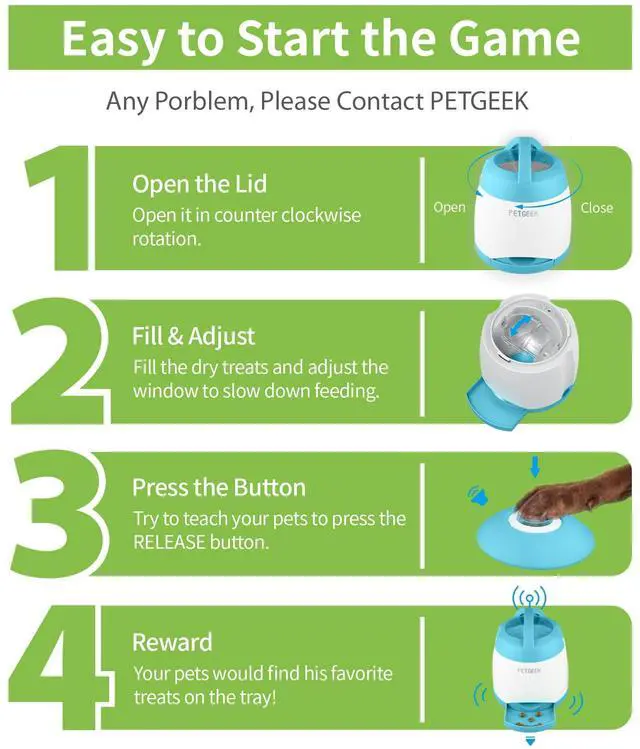Alt view image 3 of 7 - Automatic Dog Treat Dispenser, Interactive Pet Toy Food Dispensing for IQ Training, Dog Food Dispenser with Button Remote Push, Dual Power Supply for Indoor Outdoor Use, Blue