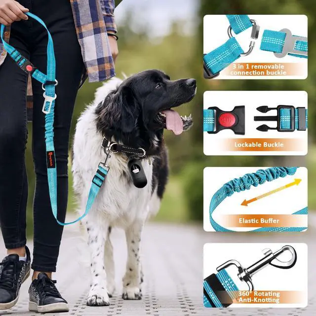 Alt view image 4 of 6 - Removable Dog Seat Belt Harness for Car, 3 in 1 Pet Dog Car Seatbelt Leash, Retractable Restraint Secures to Vehicle Headrest & Adjustable Reflective Bungee Dog Seatbelt Tether, Blue and Black