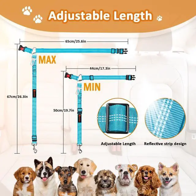Alt view image 6 of 6 - Removable Dog Seat Belt Harness for Car, 3 in 1 Pet Dog Car Seatbelt Leash, Retractable Restraint Secures to Vehicle Headrest & Adjustable Reflective Bungee Dog Seatbelt Tether, Blue and Black