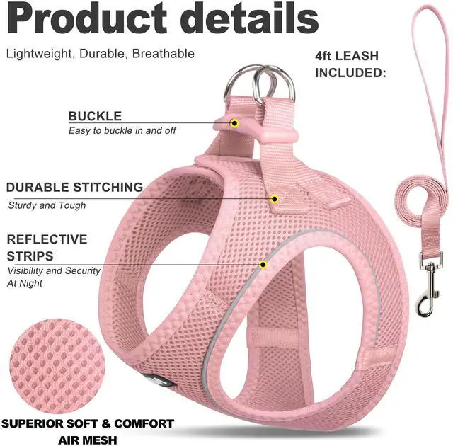 Alt view image 2 of 6 - Cat Harness and Leash Set for Walking Kitten and Puppy, Escape Proof Kitten Harness with Breathable Lightweight Soft Mesh, Adjustable Reflective Step-in Design. (XXXS, Pink)