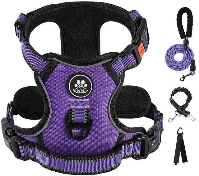 Main image of No Pull Dog Harness for Medium Dogs, Dog Vest Harness with Leash, Safety Belt and Storage Strap, Fully Adjustable Harness, 360° Reflective Strip, Soft Handle (Purple, M)