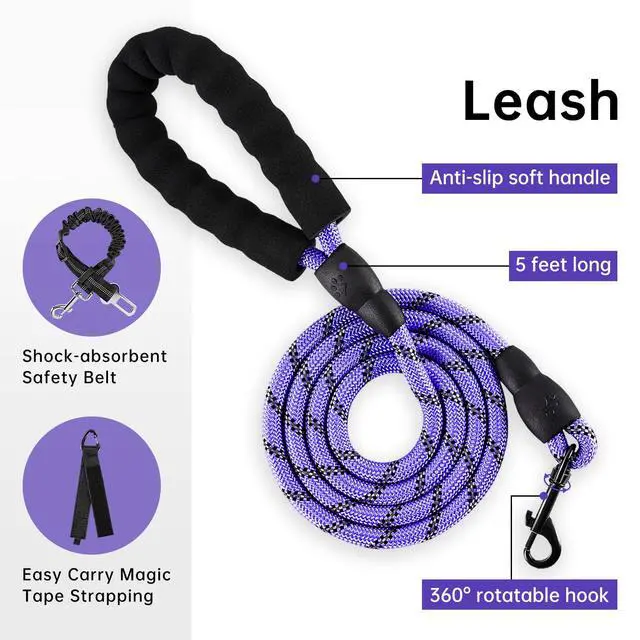Alt view image 3 of 7 - No Pull Dog Harness for Medium Dogs, Dog Vest Harness with Leash, Safety Belt and Storage Strap, Fully Adjustable Harness, 360° Reflective Strip, Soft Handle (Purple, M)