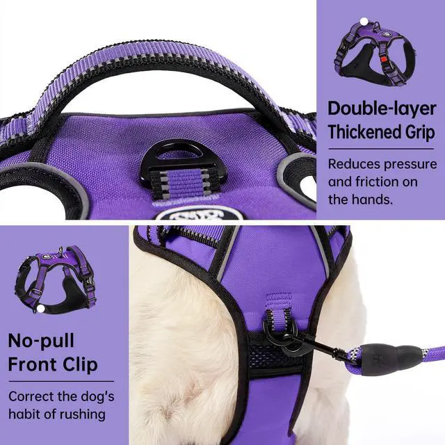 Alt view image 5 of 7 - No Pull Dog Harness for Medium Dogs, Dog Vest Harness with Leash, Safety Belt and Storage Strap, Fully Adjustable Harness, 360° Reflective Strip, Soft Handle (Purple, M)