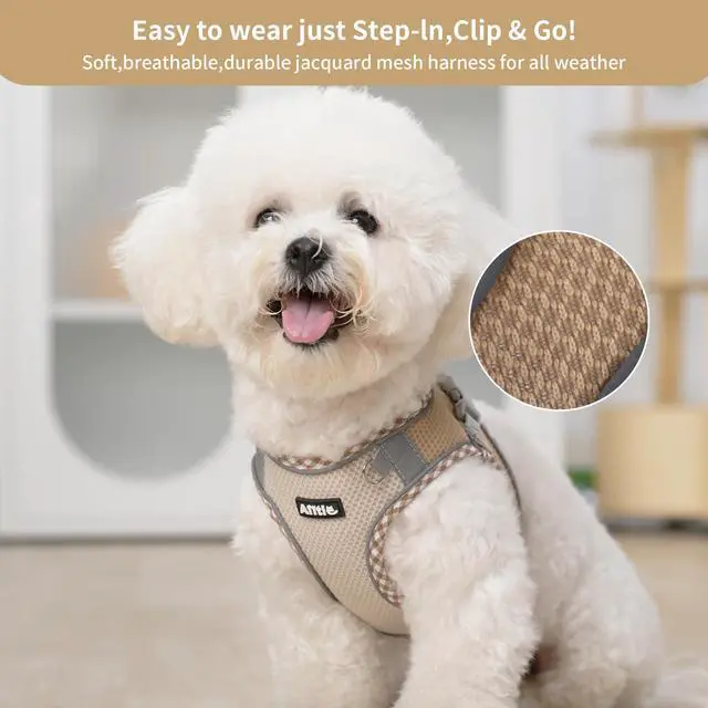 Alt view image 2 of 7 - Tiny Dog Harness - Lightweight Mesh Step-in Vest for Puppy, Reflective & Escape-Proof Design with High-Stick Magic Tape - Indoor/Outdoor Use for Chihuahua, Maltese, Shih Tzu(Brown-Beige, XXXS)