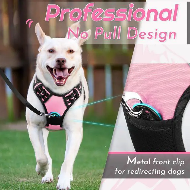Alt view image 2 of 7 - Dog Harness for Large Dogs, No Pull Service Vest with Reflective Strips and Control Handle, Adjustable and Comfortable for Walking, No Choke Pet Harness with 2 Metal Rings, Pink, L