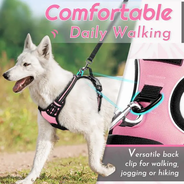Alt view image 3 of 7 - Dog Harness for Large Dogs, No Pull Service Vest with Reflective Strips and Control Handle, Adjustable and Comfortable for Walking, No Choke Pet Harness with 2 Metal Rings, Pink, L