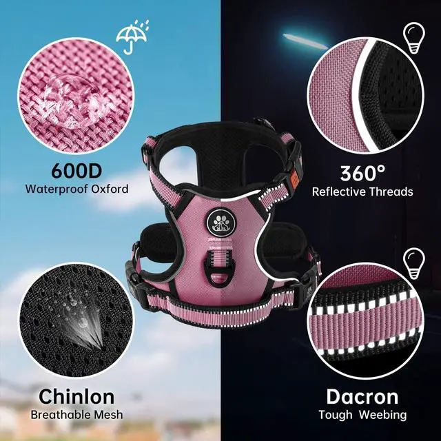 Alt view image 3 of 7 - No Pull Dog Harness,Adjustable Oxford Medium Dog Harness with Leash,Reflective No-Choke Pet Vest Harness with Easy Control Soft Handle for Small Medium Large Dogs(M,Pink)