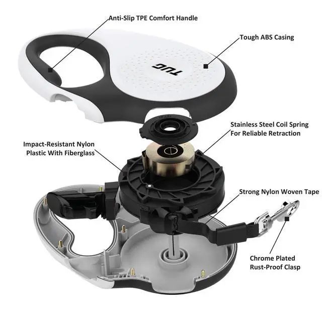 Alt view image 6 of 6 - 360° Tangle-Free Retractable Dog Leash | 16 ft Strong Nylon Tape | One-Handed Brake, Pause, Lock (Medium, White)