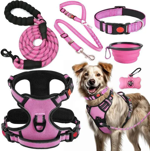Main image of No Pull Dog Harness, Collar & Leash Set | Includes Dog Seat Belt, Collapsible Bowls & Poop Bag Dispenser. Ideal for Training, Walking, Hiking. Fits Small to Large Dogs(Pink-L)