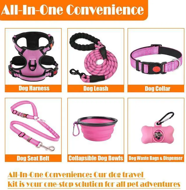 Alt view image 2 of 7 - No Pull Dog Harness, Collar & Leash Set | Includes Dog Seat Belt, Collapsible Bowls & Poop Bag Dispenser. Ideal for Training, Walking, Hiking. Fits Small to Large Dogs(Pink-L)