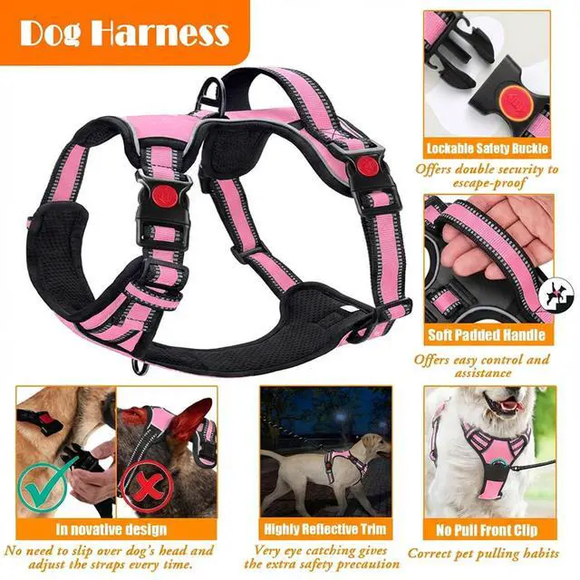 Alt view image 4 of 7 - No Pull Dog Harness, Collar & Leash Set | Includes Dog Seat Belt, Collapsible Bowls & Poop Bag Dispenser. Ideal for Training, Walking, Hiking. Fits Small to Large Dogs(Pink-L)