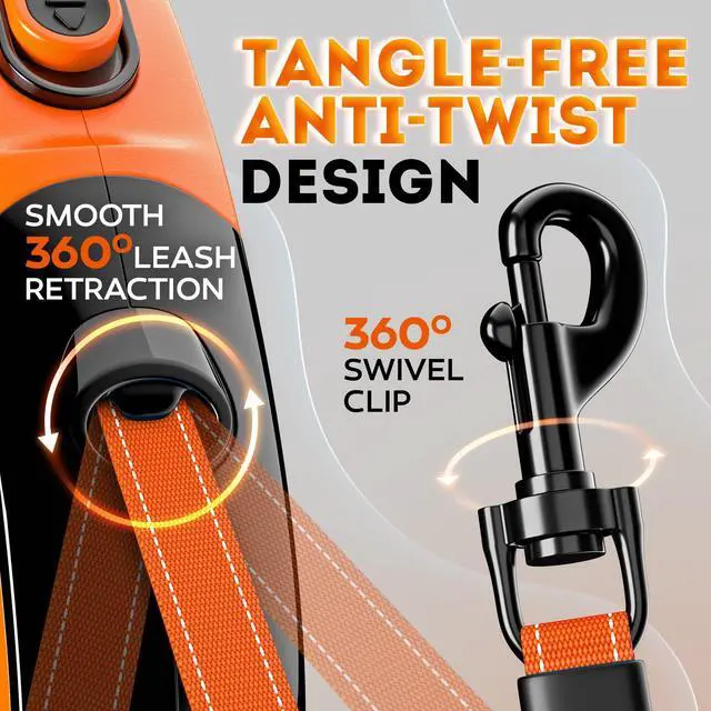 Alt view image 5 of 6 - Retractable Dog Leash 18.2 ft Chew Proof Cable Included 360° Tangle-Free Design Heavy Duty Reflective Leash Soft Anti-Slip Grip Outdoor Daily for Small Medium Dogs up to 50 lbs (Orange)
