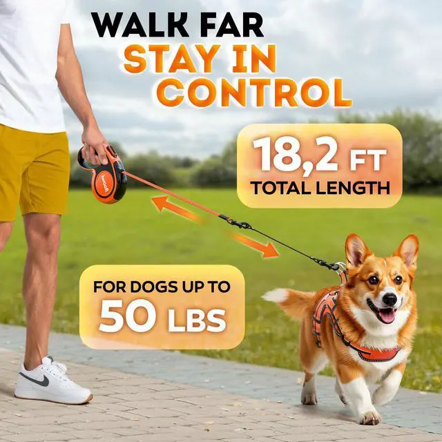Alt view image 2 of 6 - Retractable Dog Leash 18.2 ft Chew Proof Cable Included 360° Tangle-Free Design Heavy Duty Reflective Leash Soft Anti-Slip Grip Outdoor Daily for Small Medium Dogs up to 50 lbs (Orange)