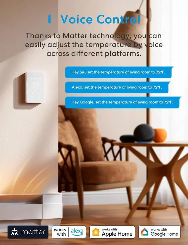 Alt view image 4 of 7 - Matter Smart Thermostat for Electric Baseboard Heater, Works with Alexa, HomeKit, Google, SmartThings, Programmable WiFi Thermostat for House, Energy Saving, App & Voice Control for Smart Home
