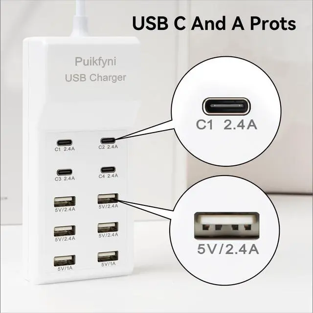 Alt view image 2 of 7 - USB Charger Station with 4 Type-C and 6 Type-A Ports, Rapid Charging Auto Detect Technology Safety Guaranteed, 50W 10A USB Charger Block for Smart Phone, Tablet, Laptop, Multiple Devices
