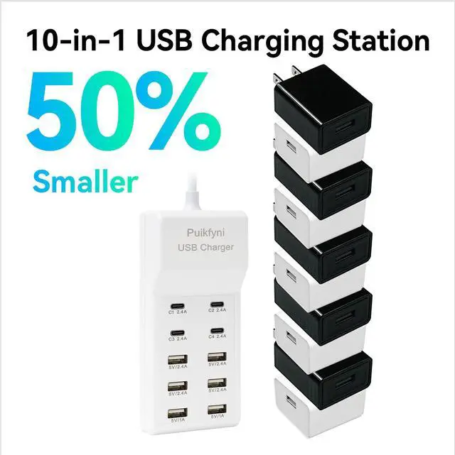 Alt view image 4 of 7 - USB Charger Station with 4 Type-C and 6 Type-A Ports, Rapid Charging Auto Detect Technology Safety Guaranteed, 50W 10A USB Charger Block for Smart Phone, Tablet, Laptop, Multiple Devices