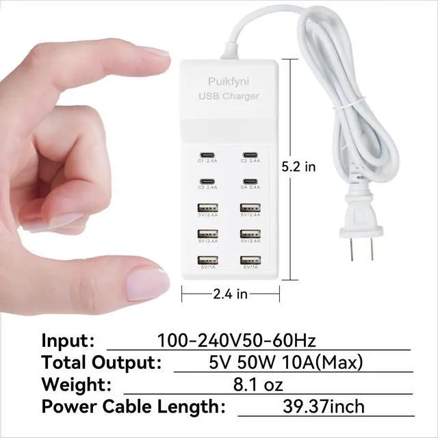 Alt view image 7 of 7 - USB Charger Station with 4 Type-C and 6 Type-A Ports, Rapid Charging Auto Detect Technology Safety Guaranteed, 50W 10A USB Charger Block for Smart Phone, Tablet, Laptop, Multiple Devices