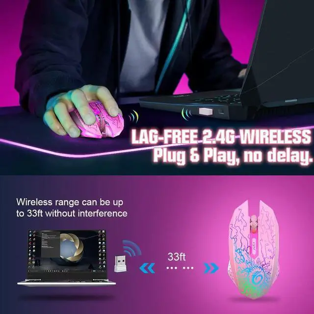 Alt view image 2 of 6 - Wireless Gaming Mouse, Rechargeable Computer Mouse Mice with Colorful LED Lights, Silent Click, 2.4G USB Nano Receiver, 3 Level DPI for PC Gamer Laptop Desktop Chromebook Mac-Pink