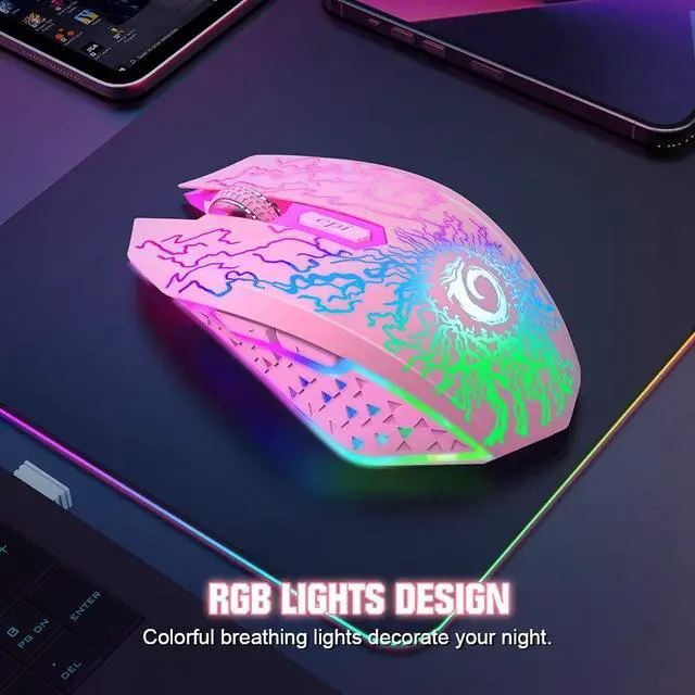 Alt view image 4 of 6 - Wireless Gaming Mouse, Rechargeable Computer Mouse Mice with Colorful LED Lights, Silent Click, 2.4G USB Nano Receiver, 3 Level DPI for PC Gamer Laptop Desktop Chromebook Mac-Pink