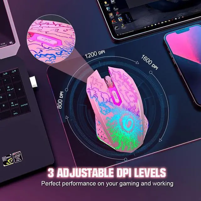 Alt view image 3 of 6 - Wireless Gaming Mouse, Rechargeable Computer Mouse Mice with Colorful LED Lights, Silent Click, 2.4G USB Nano Receiver, 3 Level DPI for PC Gamer Laptop Desktop Chromebook Mac-Pink