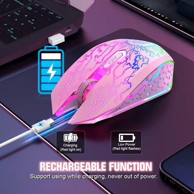 Alt view image 5 of 6 - Wireless Gaming Mouse, Rechargeable Computer Mouse Mice with Colorful LED Lights, Silent Click, 2.4G USB Nano Receiver, 3 Level DPI for PC Gamer Laptop Desktop Chromebook Mac-Pink