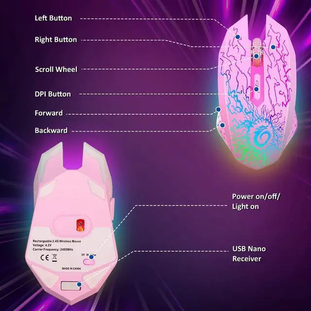 Alt view image 6 of 6 - Wireless Gaming Mouse, Rechargeable Computer Mouse Mice with Colorful LED Lights, Silent Click, 2.4G USB Nano Receiver, 3 Level DPI for PC Gamer Laptop Desktop Chromebook Mac-Pink