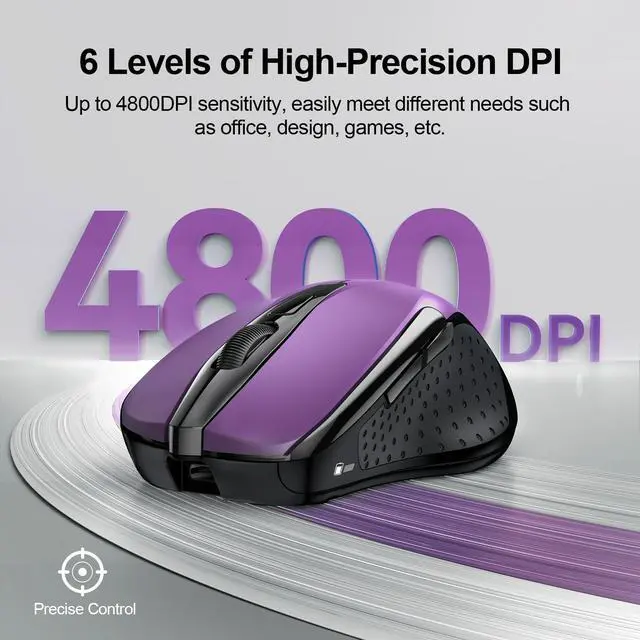 Alt view image 6 of 7 - Wireless Mouse Rechargeable, 2.4G USB-A Silent Mouse, Quiet Click, 6 Adjustable 4800 DPI, Cordless Computer Mice, Ergonomic Mice for Laptop, 6 Buttons for Chromebook, Ergo Grip - Purple