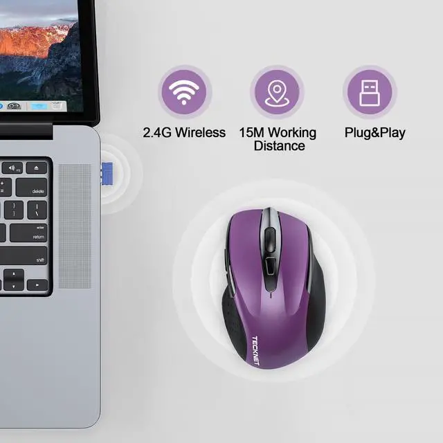 Alt view image 7 of 7 - Wireless Mouse Rechargeable, 2.4G USB-A Silent Mouse, Quiet Click, 6 Adjustable 4800 DPI, Cordless Computer Mice, Ergonomic Mice for Laptop, 6 Buttons for Chromebook, Ergo Grip - Purple
