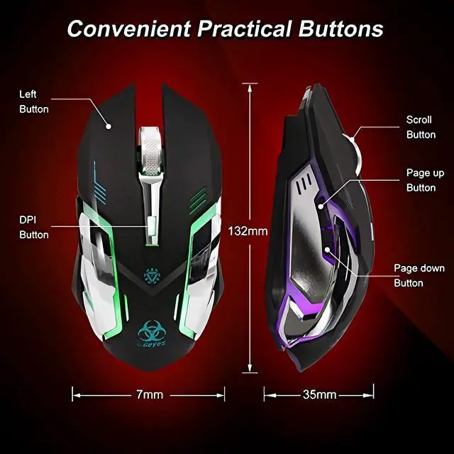 Alt view image 6 of 7 - Wireless Gaming Mouse, Silent Wireless Mouse, Rechargeable Computer Mice with Colorful RGB LED Lights and 3-Level-Adjustable DPI, 6 Buttons Mouse with Side Buttons for Laptop and Desktop