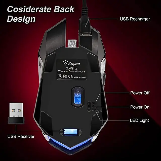 Alt view image 7 of 7 - Wireless Gaming Mouse, Silent Wireless Mouse, Rechargeable Computer Mice with Colorful RGB LED Lights and 3-Level-Adjustable DPI, 6 Buttons Mouse with Side Buttons for Laptop and Desktop