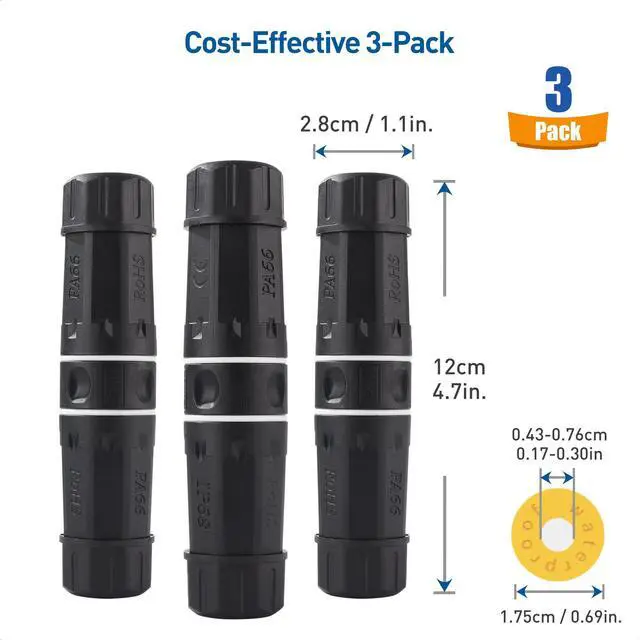Alt view image 7 of 7 - 3-Pack 10Gbps Cat6A Shielded IP68 Waterproof RJ45 Coupler (Waterproof Ethernet Connector for Outdoor) in Black