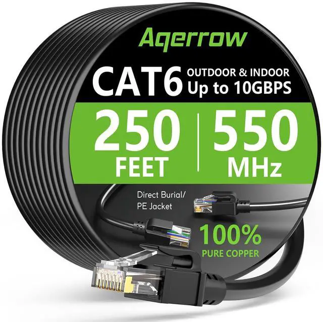Main image of Cat6 Ethernet Cable 250FT, Outdoor Direct Burial Cat 6 Cable 24AWG High Speed Up to 10Gbps, 550MHz LLDPE (PE) UV-Resistant Waterproof RJ45 Network Internet Cable with 60 Ties for Router, Black