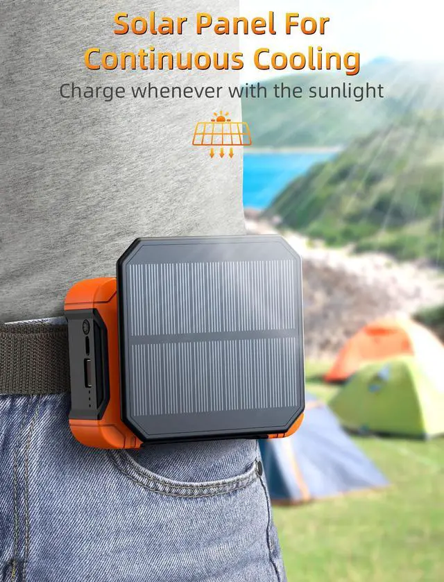 Alt view image 2 of 7 - 10000mAh Waist Clip Fan with Solar Panel, 30H Working Time, Personal LED Light, Battery Powered Belt Fan, Strong Airflow, 3 Speeds, Body for Outdoor, Working, Camping, Hiking