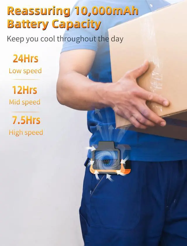 Alt view image 3 of 7 - 10000mAh Waist Clip Fan with Solar Panel, 30H Working Time, Personal LED Light, Battery Powered Belt Fan, Strong Airflow, 3 Speeds, Body for Outdoor, Working, Camping, Hiking