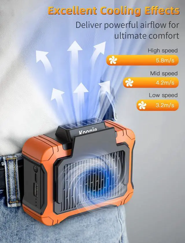 Alt view image 4 of 7 - 10000mAh Waist Clip Fan with Solar Panel, 30H Working Time, Personal LED Light, Battery Powered Belt Fan, Strong Airflow, 3 Speeds, Body for Outdoor, Working, Camping, Hiking