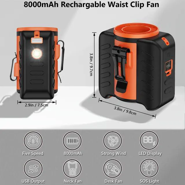 Alt view image 4 of 6 - Portable Waist Fan Clip on 5-Speed with MAX 10500RPM Strong Airflow and LED Flashlight, Wearable Belt Personal Fan Rechargeable for Outdoor Camping Jobsite, 8000mAh