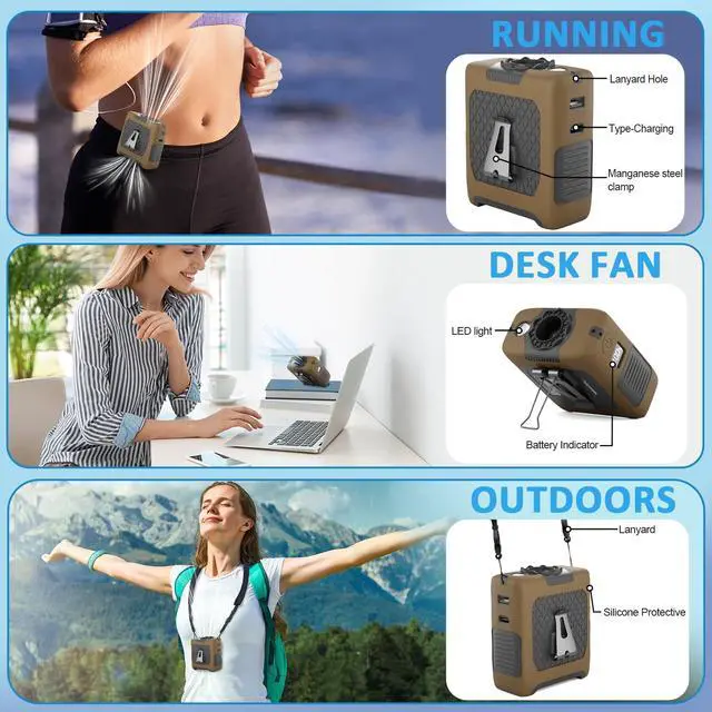 Alt view image 3 of 7 - Portable Fan Wearable Personal Fan with 5 Speed Max 55 Working Hours Low Noise Portable Neck Fans Cooling Waist Fans for Camping Traveling LED Power Display 10000mAh Rechargeable (Brown)