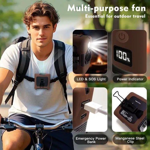 Alt view image 6 of 7 - Portable Fan Wearable Personal Fan with 5 Speed Max 55 Working Hours Low Noise Portable Neck Fans Cooling Waist Fans for Camping Traveling LED Power Display 10000mAh Rechargeable (Brown)