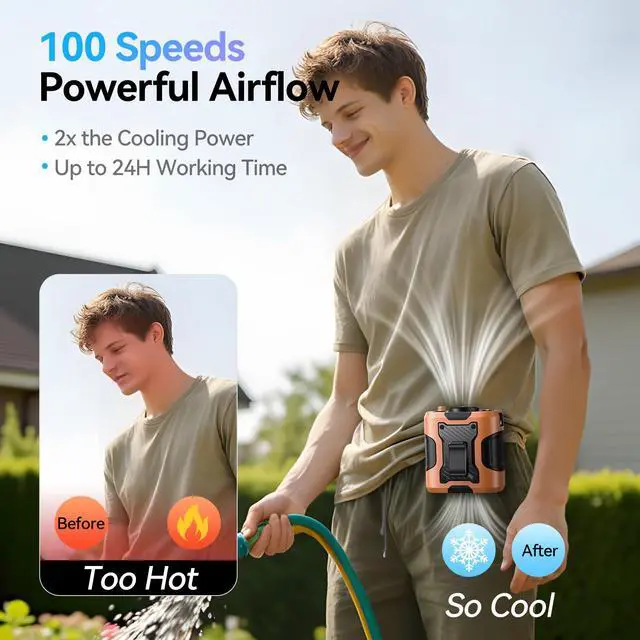 Alt view image 4 of 7 - 5 in 1 Portable Waist Fan, 100 Speeds Powerful 13500RPM, Hands-Free Neck Fan with up to 24H Cooling, Rechargeable Personal Wearable Belt Body Shirt Fan for Camping Outdoor Jobsite, Orange