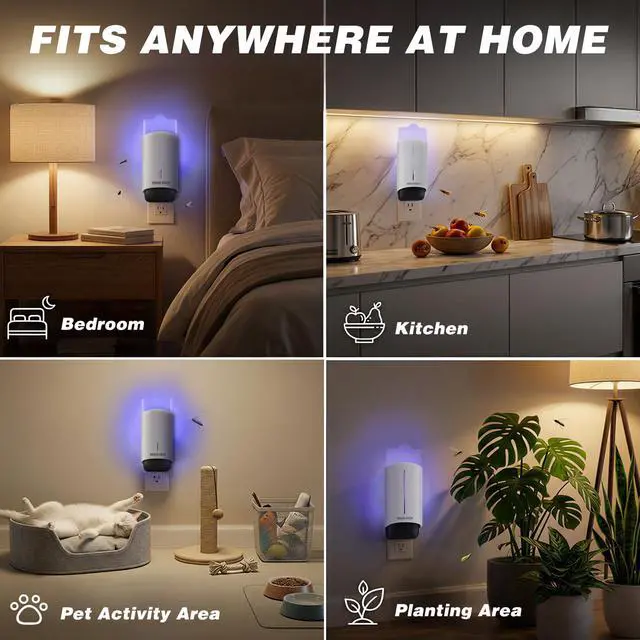 Alt view image 5 of 7 - 2 Plug-in Flying Insect Traps & 10 Refills, Effective Fly Trap for Indoor Use, Small Bug Catcher with Purple Light for Fruit Flies, Gnats, Moths and Mosquitoes