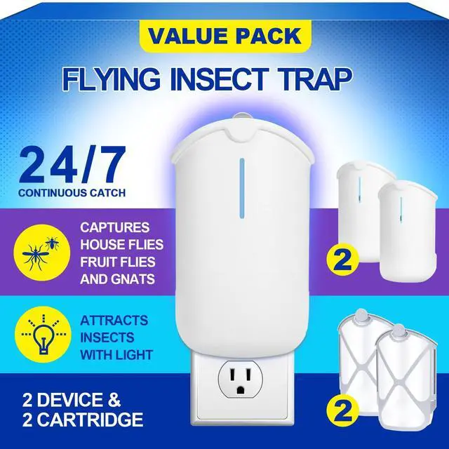 Main image of 2 Flying Insect Traps & 2 Cartridges - Compatible with Refill - Plug in Fruit Fly Trap for Indoor - Bug Catcher for Gnats, House & Fruit Flies - Use in Any Room (2 Device & 2 Cartridges)