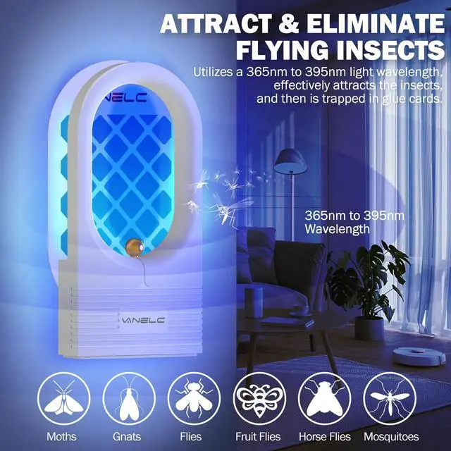 Alt view image 2 of 7 - Fly Trap Indoor, 2 Pack Flying Insect Trap, Plug-in Fruit Fly Trap for Flies, Moth and Other Flying Insects, Gnat Traps for House Indoor, Bug Catcher Light Fly Killer (16 Double Sided Glue Cards)