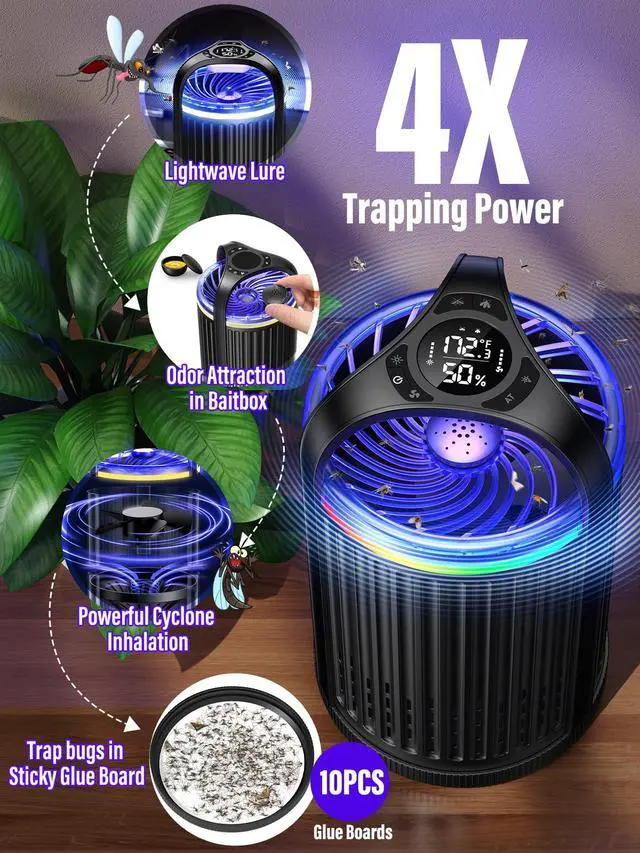 Alt view image 2 of 7 - Fly Trap Indoor - Fruit Fly Traps for Indoors, Gnat Traps for House Indoor with 3-in-1 Multi-Insect Catching + UV&Blue Light + Fan Suction, Ideal for Garage/Kitchen/Patio/Plant Pots, 10 Refills, Black