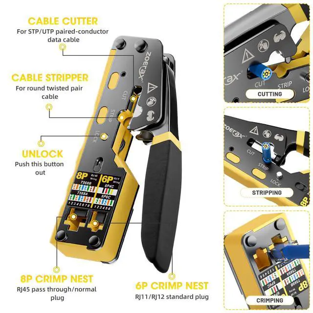 Alt view image 2 of 7 - RJ45 Crimping Tool Ethernet Crimp Tool Crimper for RJ11/RJ12 Standard, RJ45 Pass Through Connectors, Yellow