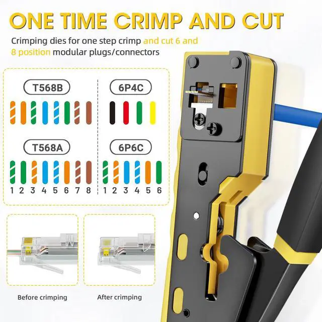 Alt view image 5 of 7 - RJ45 Crimping Tool Ethernet Crimp Tool Crimper for RJ11/RJ12 Standard, RJ45 Pass Through Connectors, Yellow