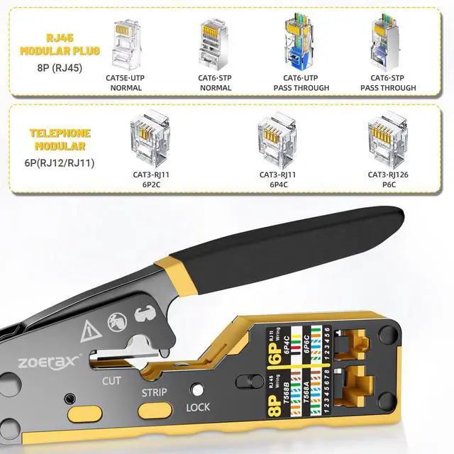 Alt view image 6 of 7 - RJ45 Crimping Tool Ethernet Crimp Tool Crimper for RJ11/RJ12 Standard, RJ45 Pass Through Connectors, Yellow