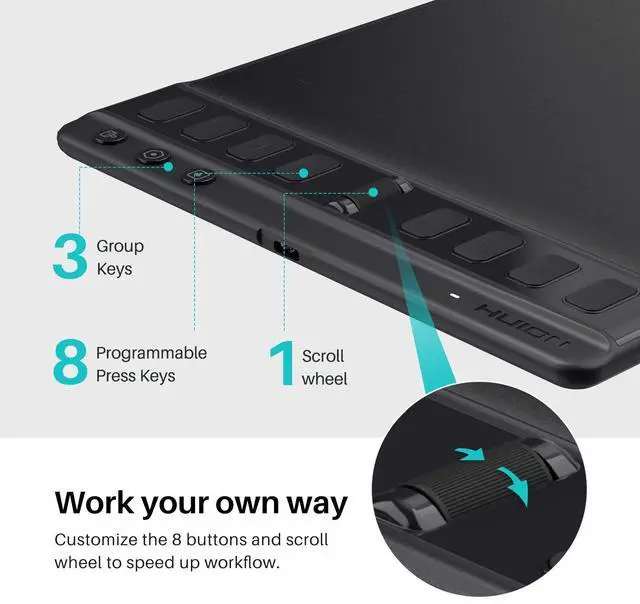 Alt view image 4 of 7 - Inspiroy 2 Medium Drawing Tablet with Scroll Wheel 8 Customized Keys Battery-Free Stylus 60° Tilt Support for Digital Art, Design, Sketch, 9x5inch Graphics Tablet, Black