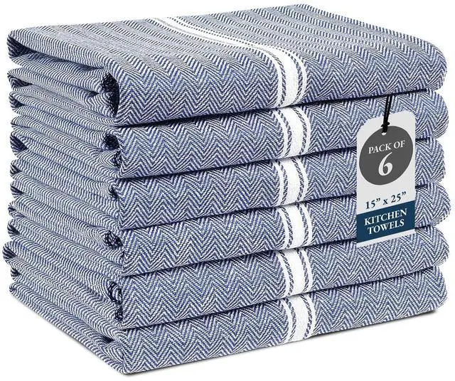 Main image of Kitchen Towel Set, 6 Pack 100% Cotton Hand Towels for Kitchen, Dish Towels for Drying Dishes, Lint Free, 14"x25", Good for Cleaning Windows, Ceramic Surface, Glass Stovetops - Blue Chambray